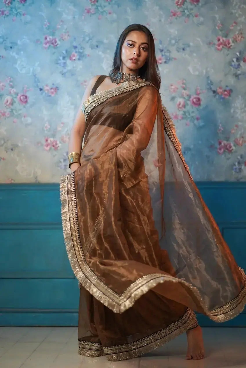 Copper Brown Glass Tissue Banno Saree kreationbykj