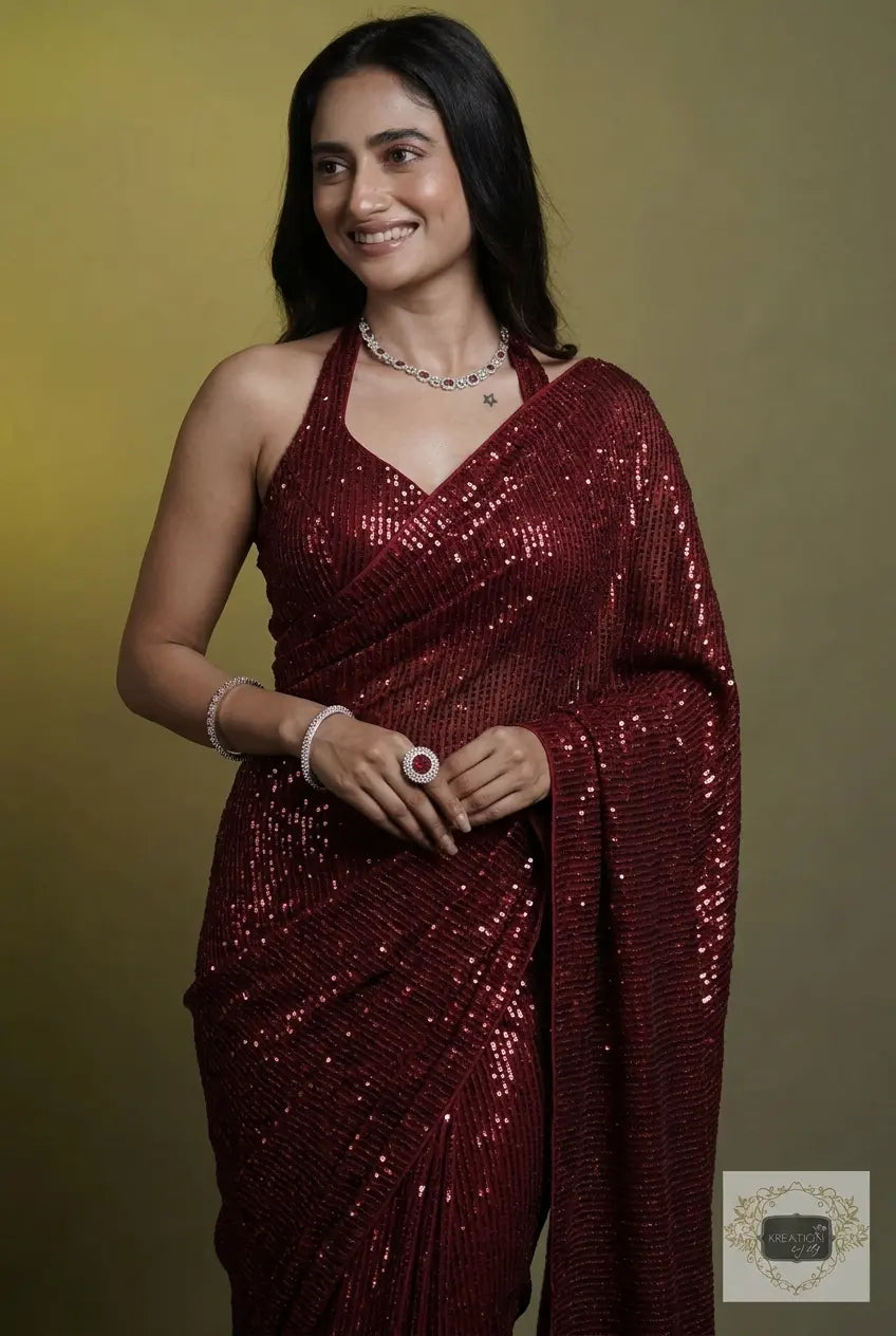 Maroon Sequins Saree kreationbykj