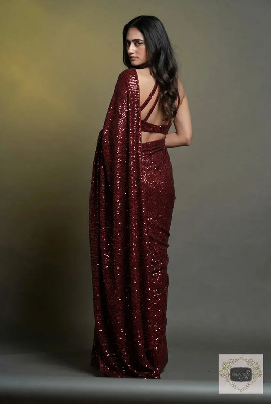 Maroon Sequins Saree kreationbykj