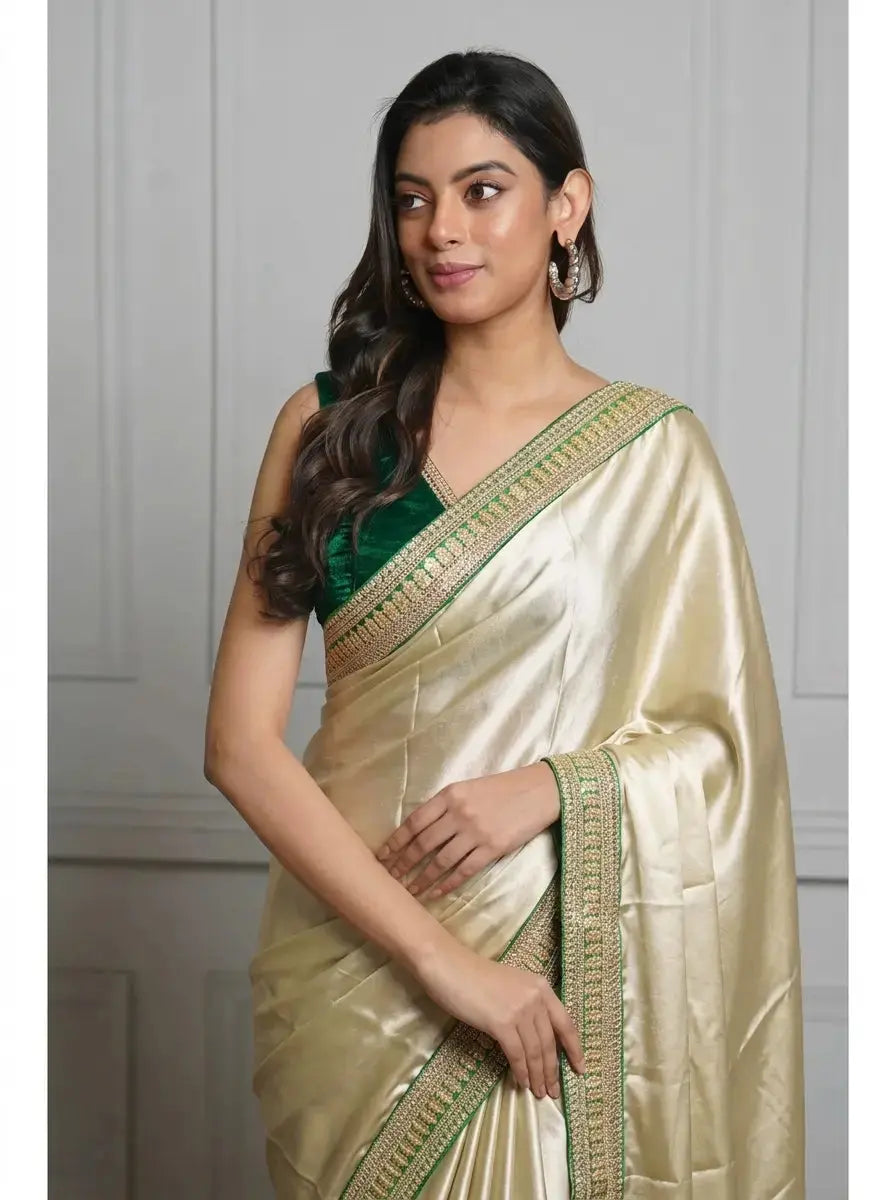 Champagne Green Satin Silk Saree with Green Border Kreation by KJ