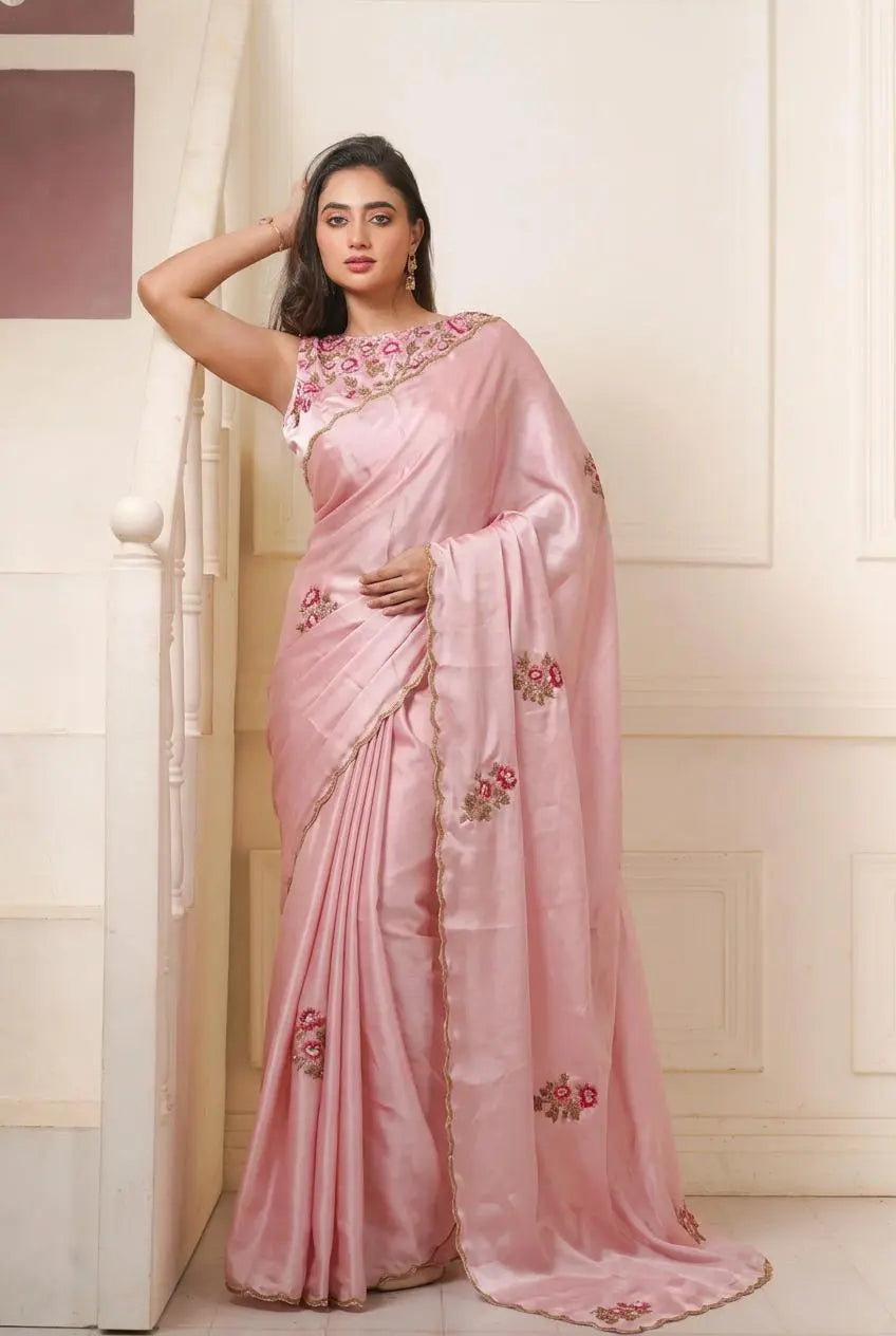 Remember the Roses Onion Pink Crepe Silk Saree kreationbykj.in