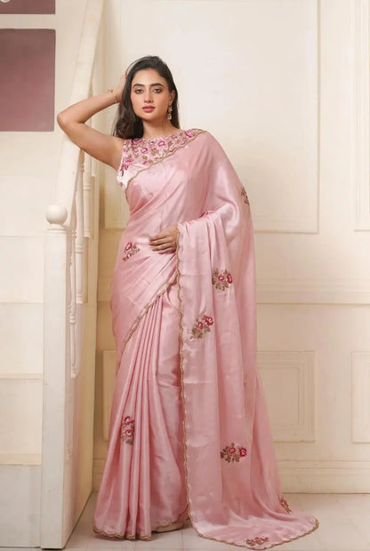 Remember the Roses Onion Pink Crepe Silk Saree kreationbykj.in