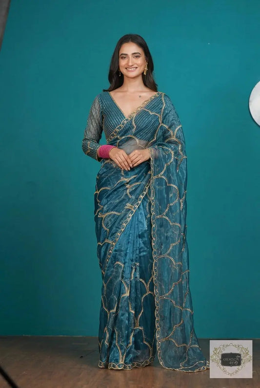 Cobalt Blue Chaudhvin ka Chand Saree for Wedding kreationbykj