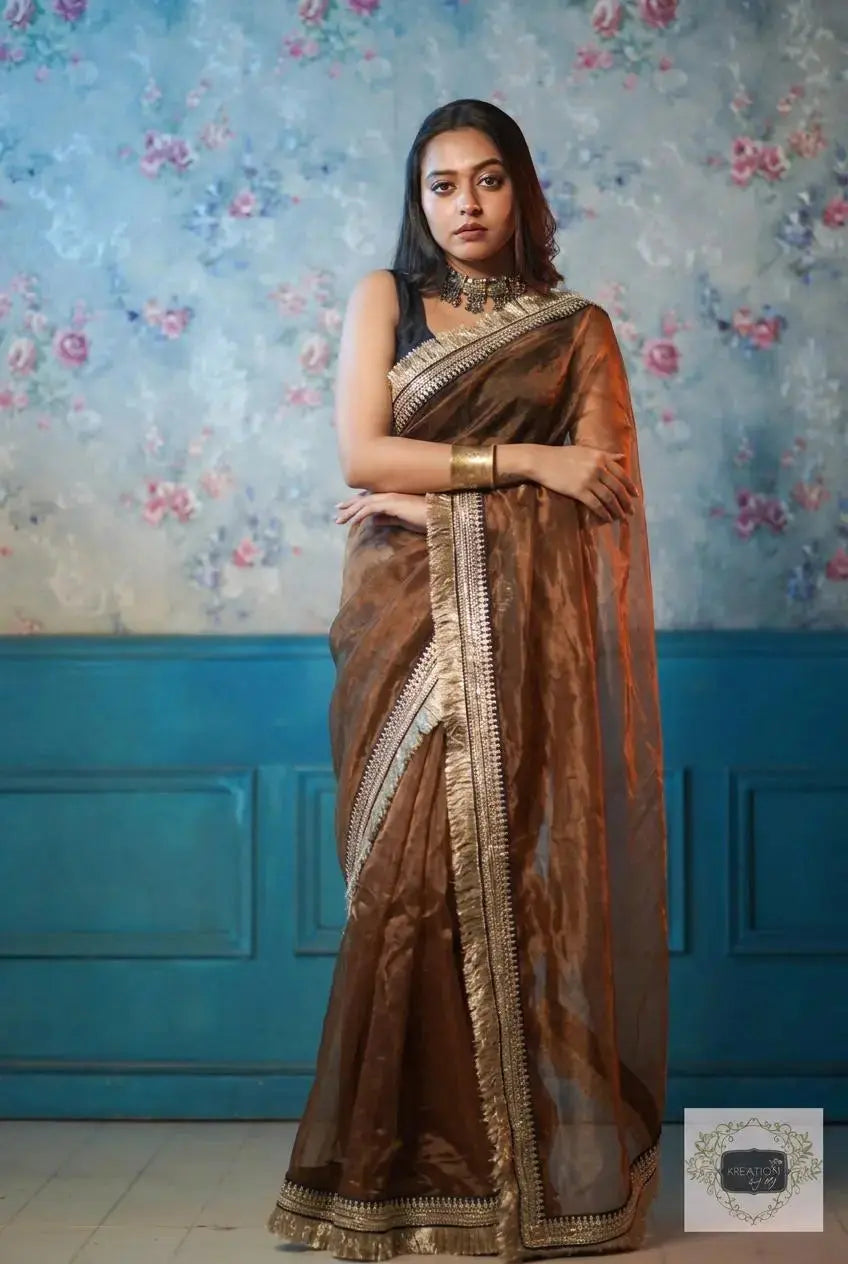 Copper Brown Glass Tissue Banno Saree kreationbykj