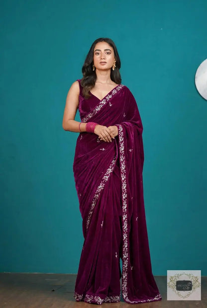 Purple Wine Velvet Chandani Saree with Cutdana Work Kreation by KJ