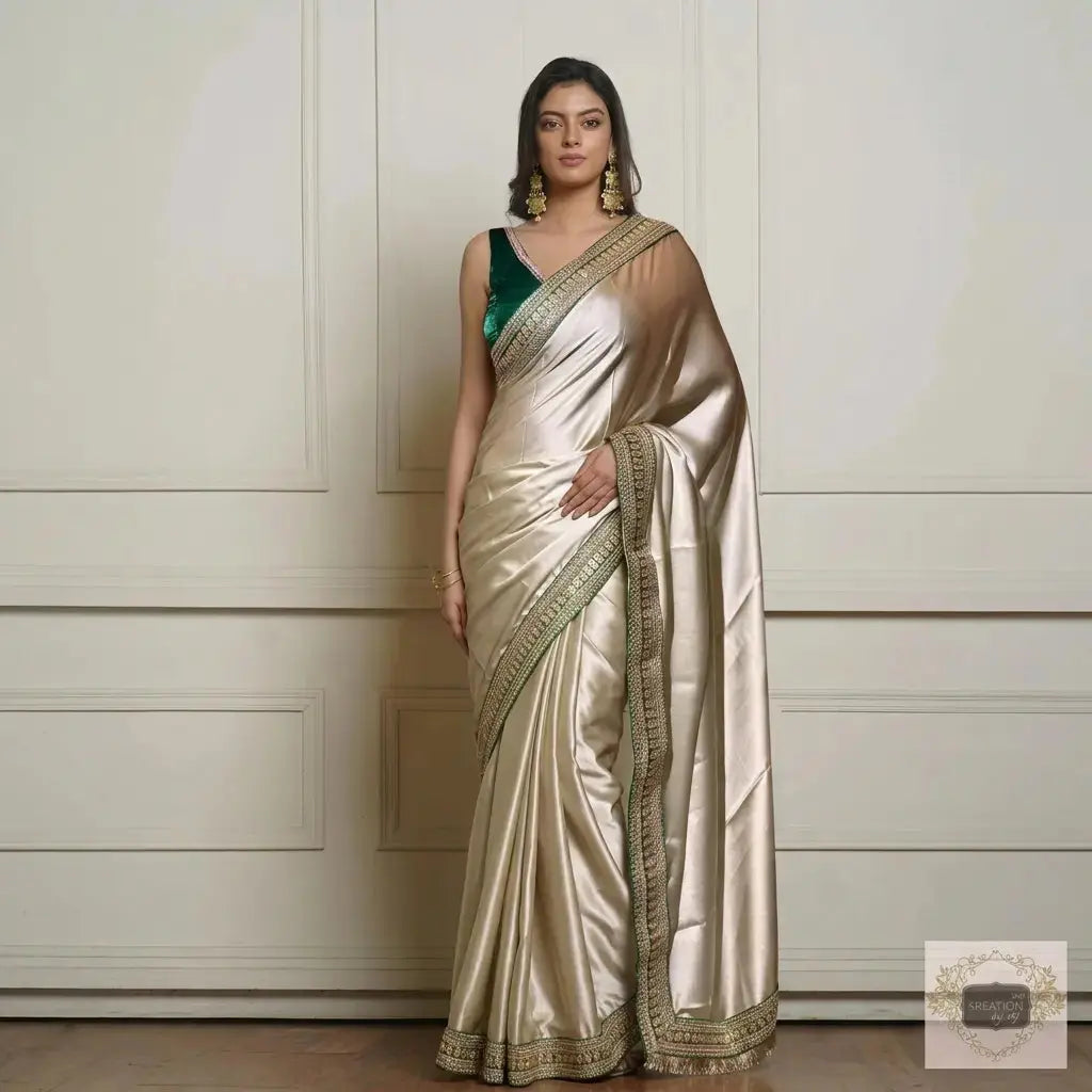 Champagne Green Satin Silk Saree with Green Border Kreation by KJ
