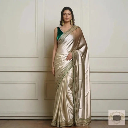 Champagne Green Satin Silk Saree with Green Border Kreation by KJ