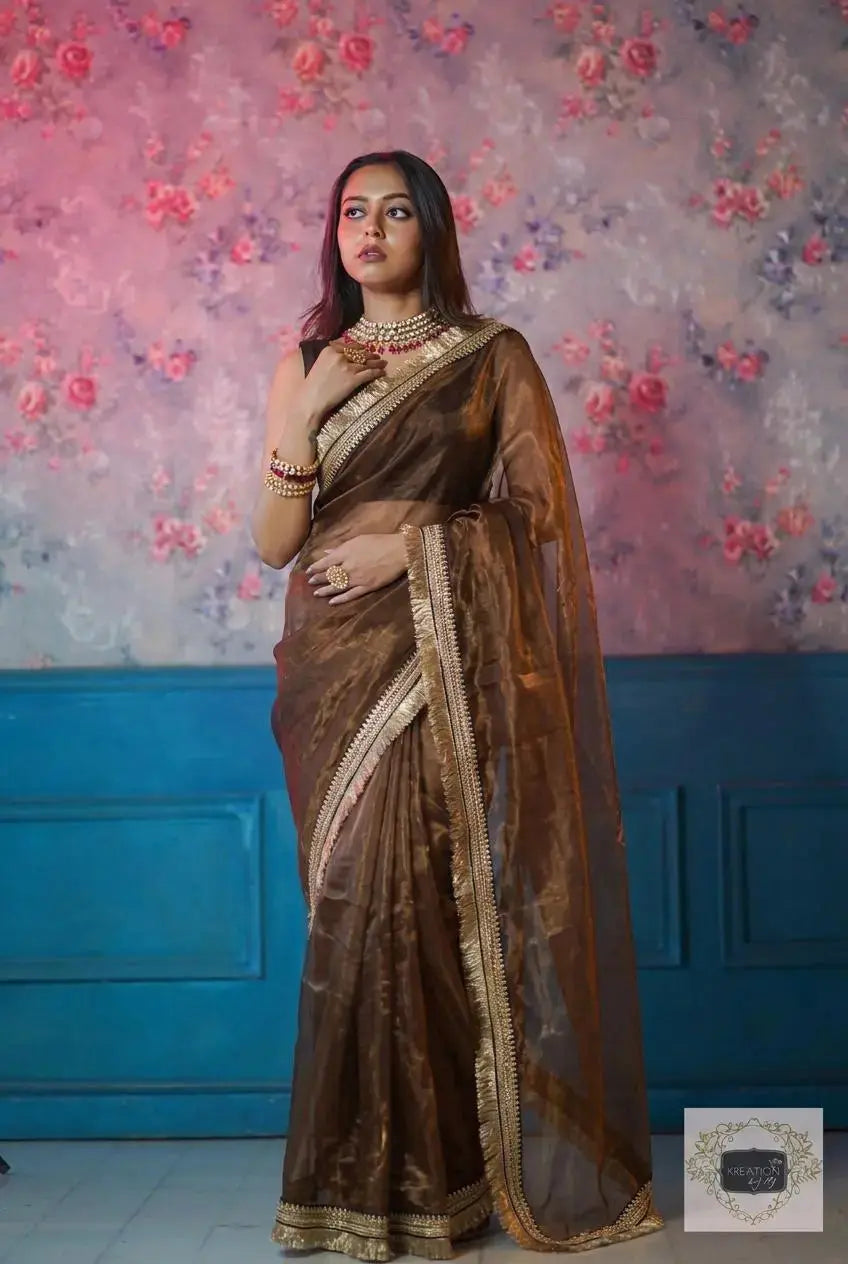Copper Brown Glass Tissue Banno Saree kreationbykj