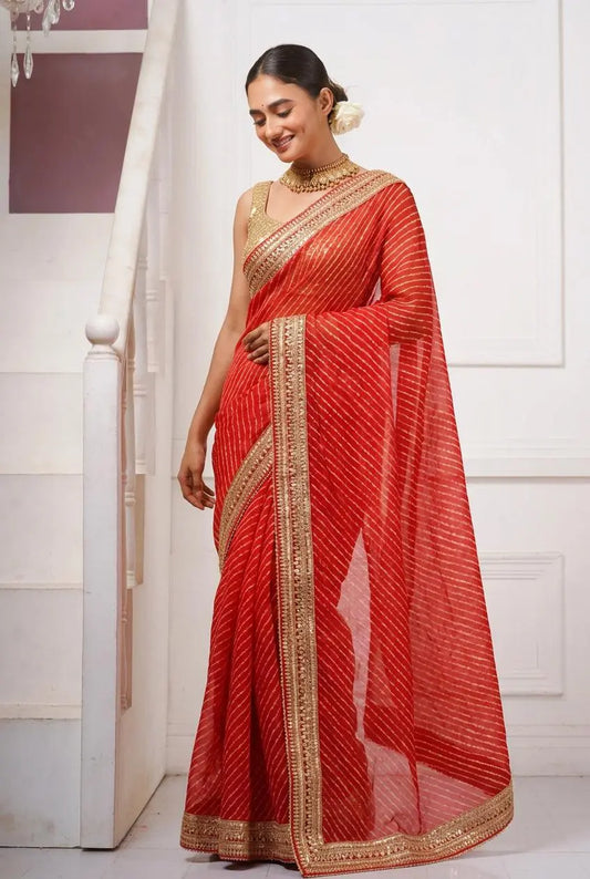 Red Kota Saree with Red Border for Wedding kreationbykj
