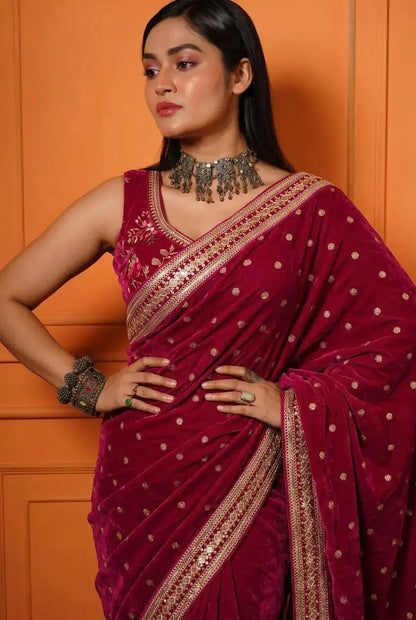 Royal Magenta Pink Velvet Saree Kreation by KJ