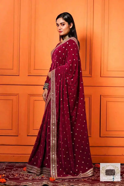 Royal Magenta Pink Velvet Saree Kreation by KJ