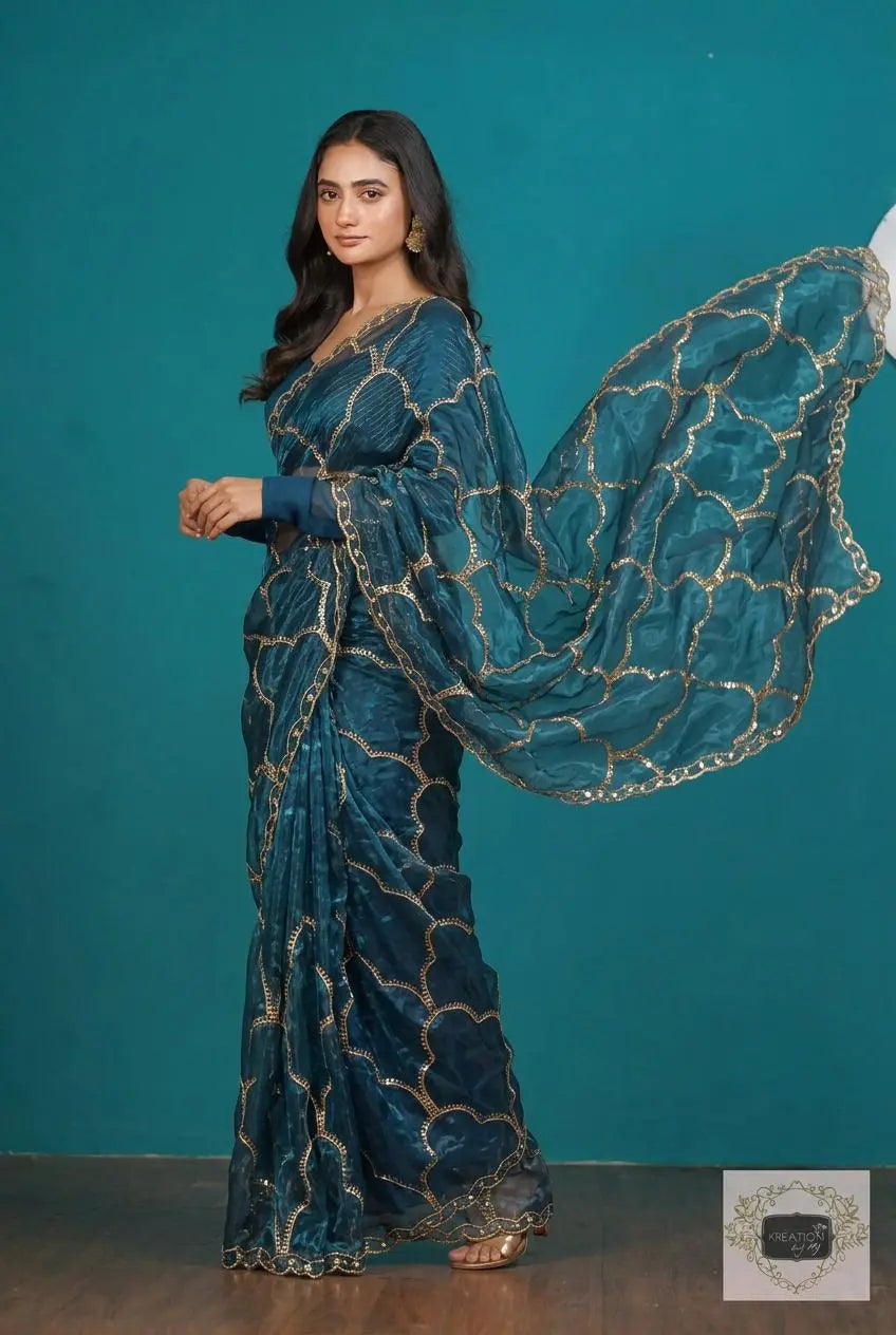 Cobalt Blue Chaudhvin ka Chand Saree for Wedding kreationbykj