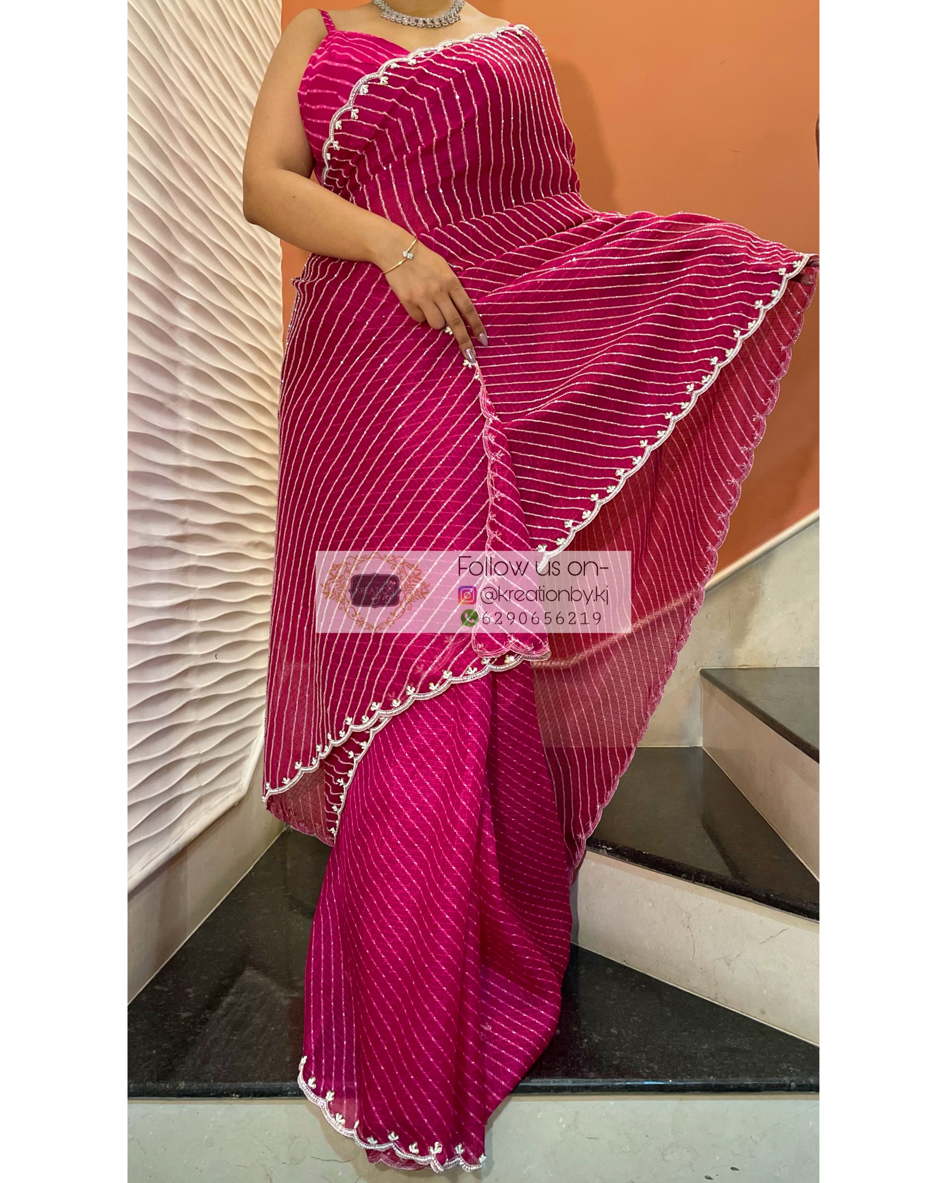 Gulaabi Leher Cutdana Saree - kreationbykj