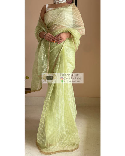 Green Organza Saree with Stripes