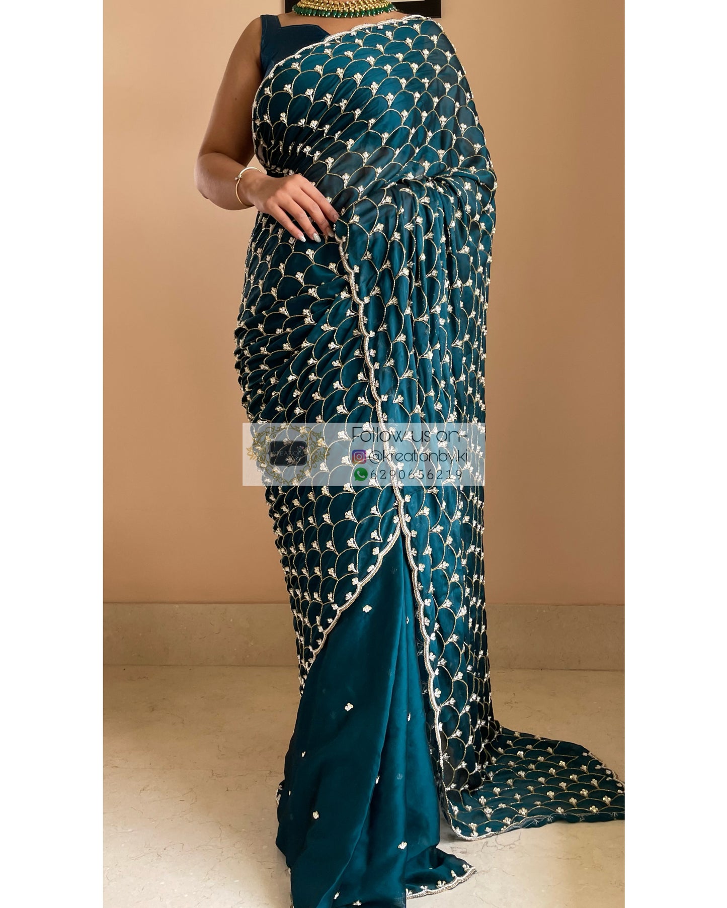 Teal Mehraab Cutdana Jaal Saree - kreationbykj