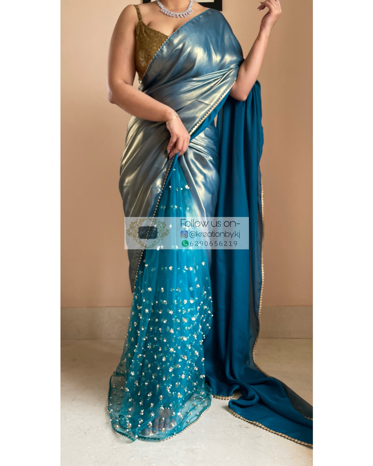 Teal Shimmer Sequins Saree - kreationbykj