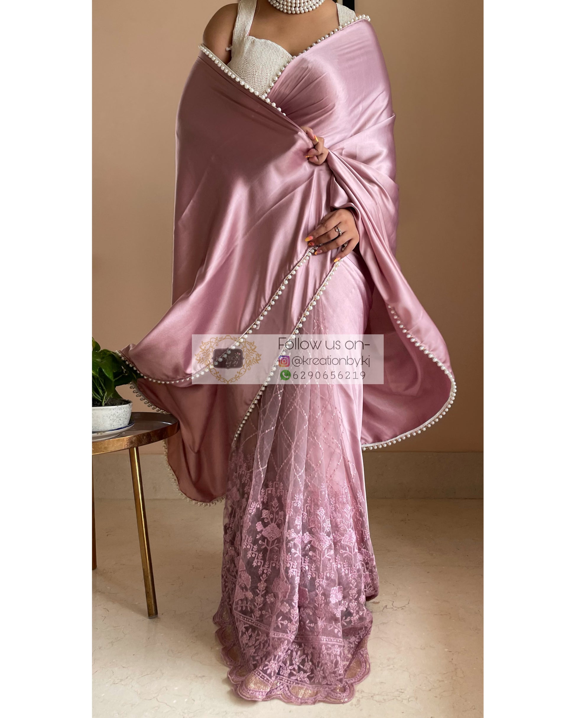 Onion Pink Shimmer Satin Saree – kreationbykj