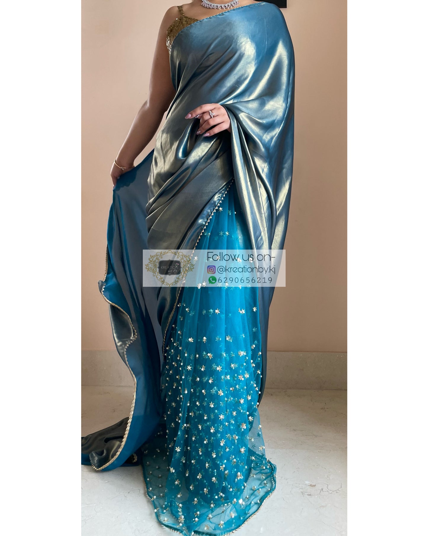 Teal Shimmer Sequins Saree - kreationbykj