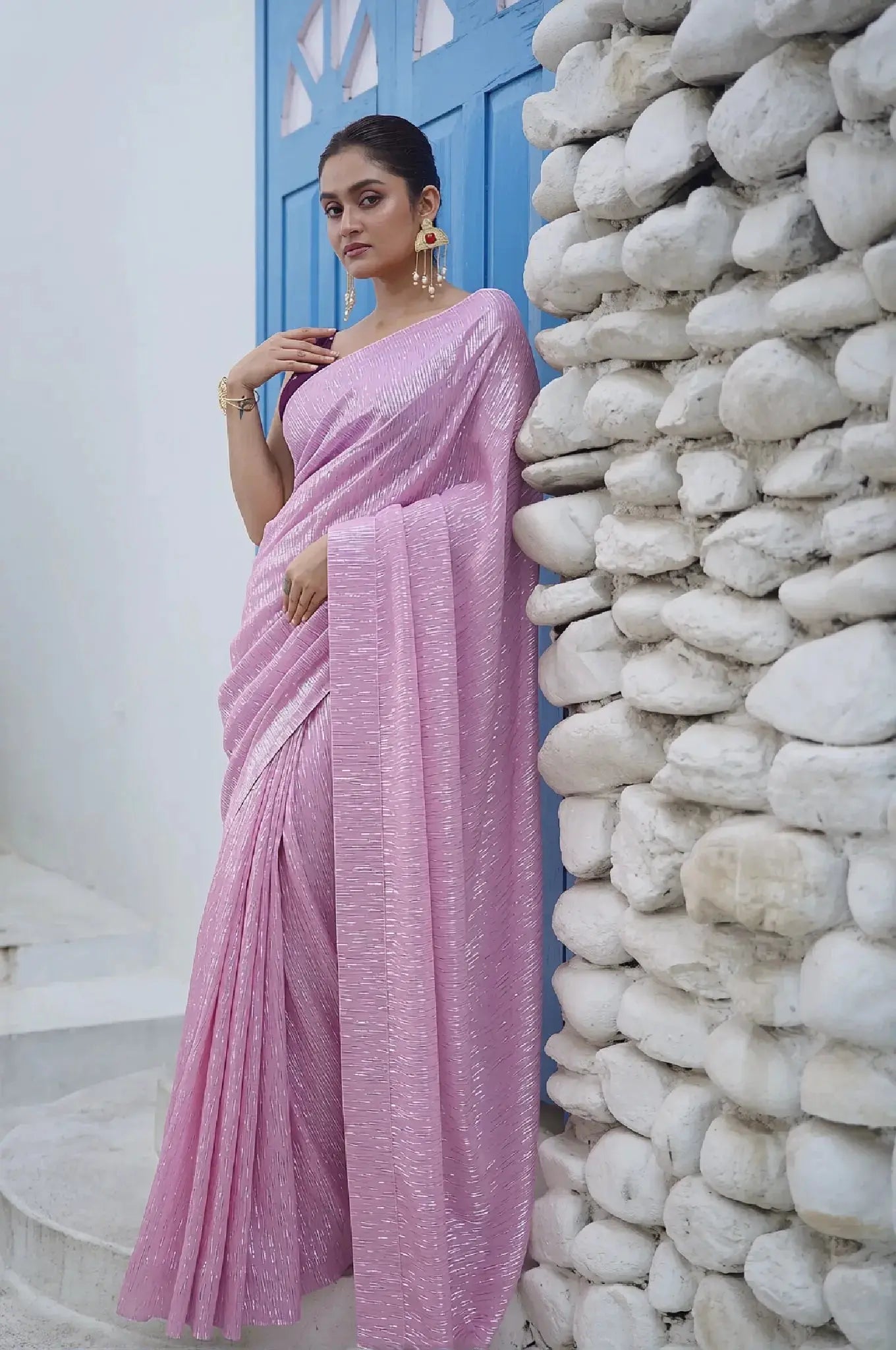 Lilac Shimmer Pleated Net Saree For Romantic Date kreationbykj