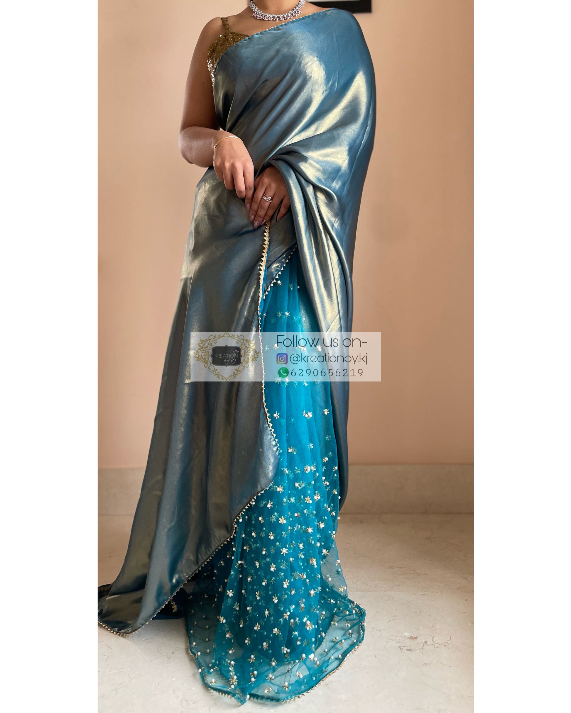 Teal Shimmer Sequins Saree - kreationbykj