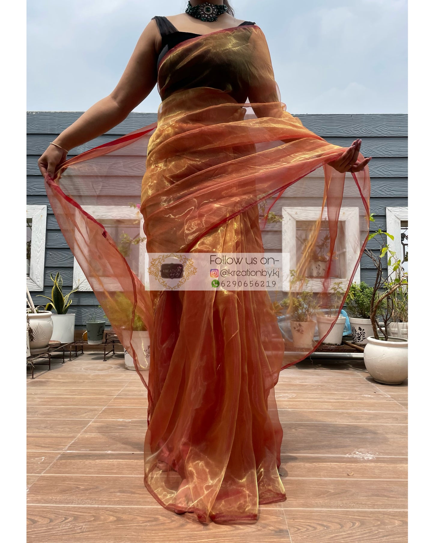 Liquid Gold Glass Tissue Saree - kreationbykj