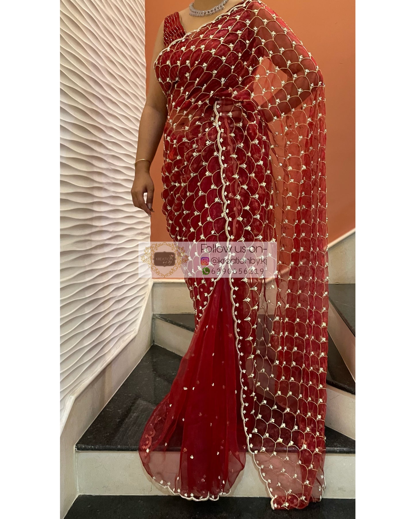 Red Glass Tissue Cutdana Mehraab Saree - kreationbykj