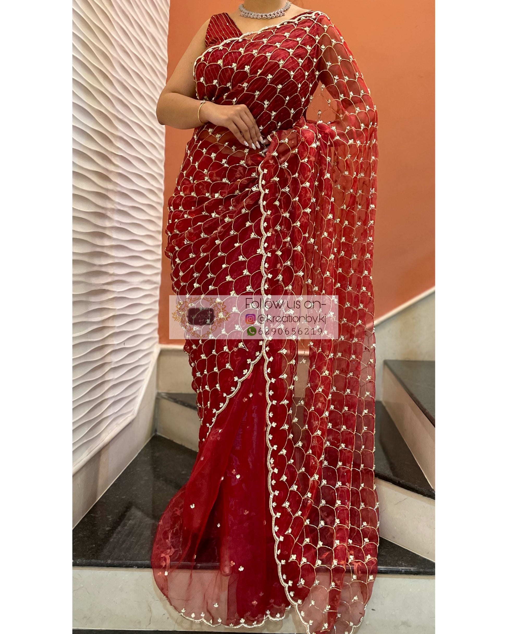 Red Glass Tissue Cutdana Mehraab Saree - kreationbykj