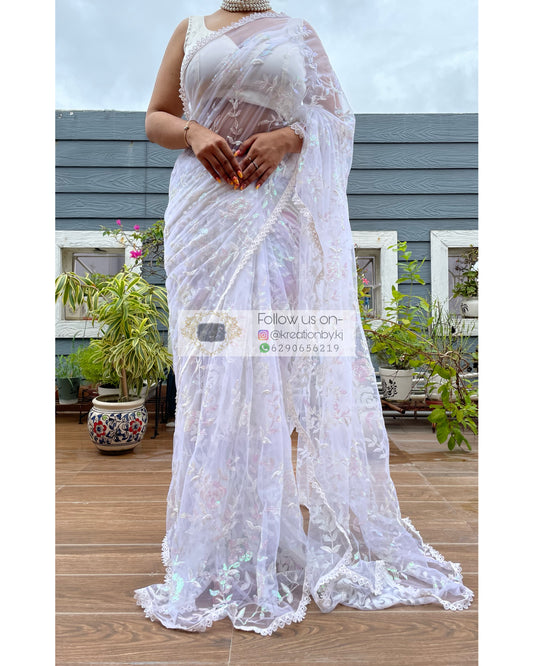 Blue with white lace embroidery Net Sarees – Dailybuyys