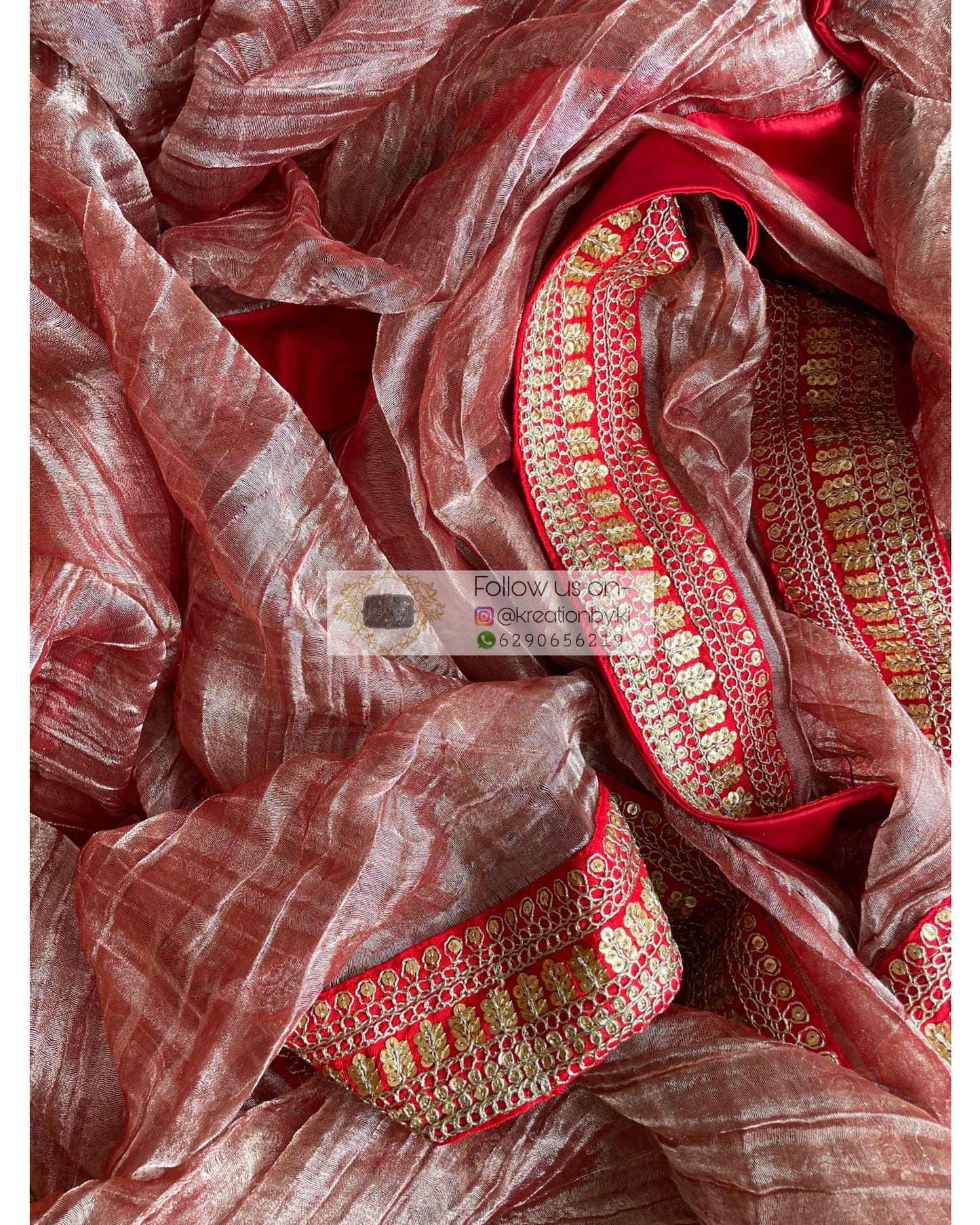 Rose Gold Zari Tissue Saree with Red Border
