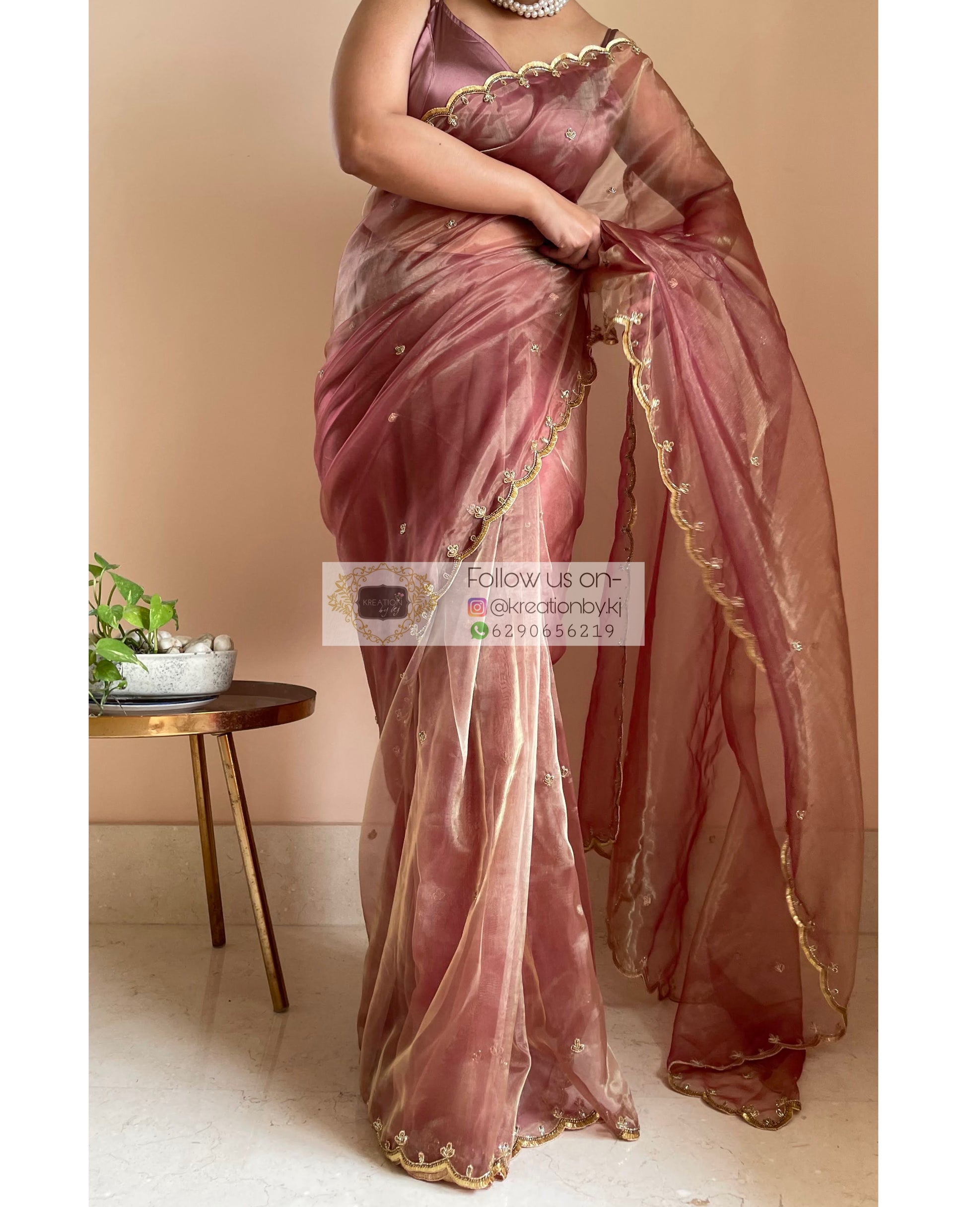 Onion Pink Shimmer Satin Saree – kreationbykj