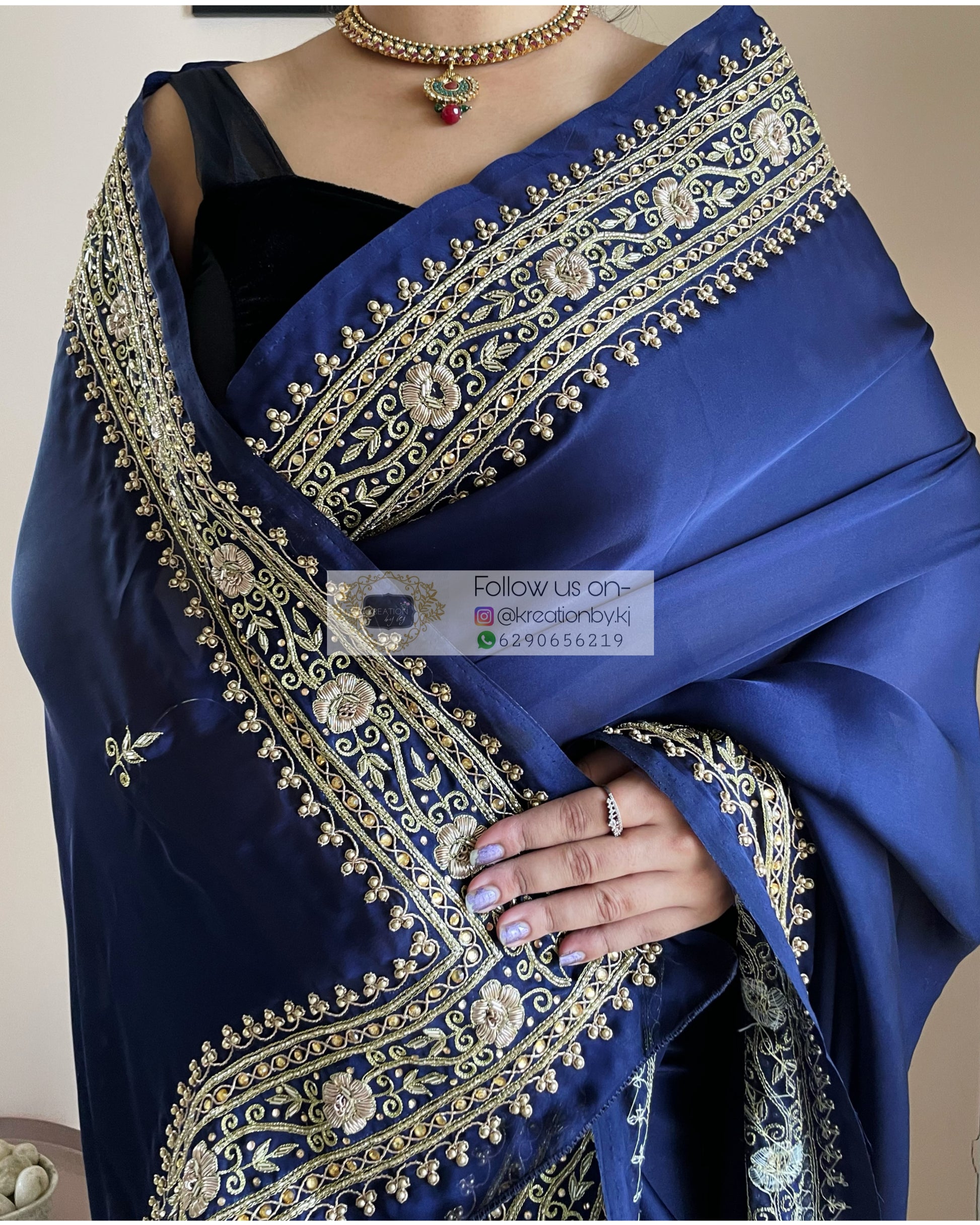 Navy Blue Crepe Silk Zarina Saree - kreationbykj