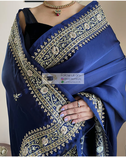 Navy Blue Crepe Silk Zarina Saree - kreationbykj