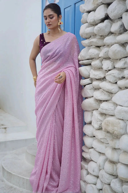 Lilac Shimmer Pleated Net Saree For Romantic Date kreationbykj
