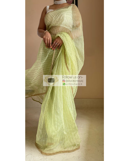 Green Organza Saree with Stripes