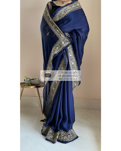 Navy Blue Crepe Silk Zarina Saree - kreationbykj