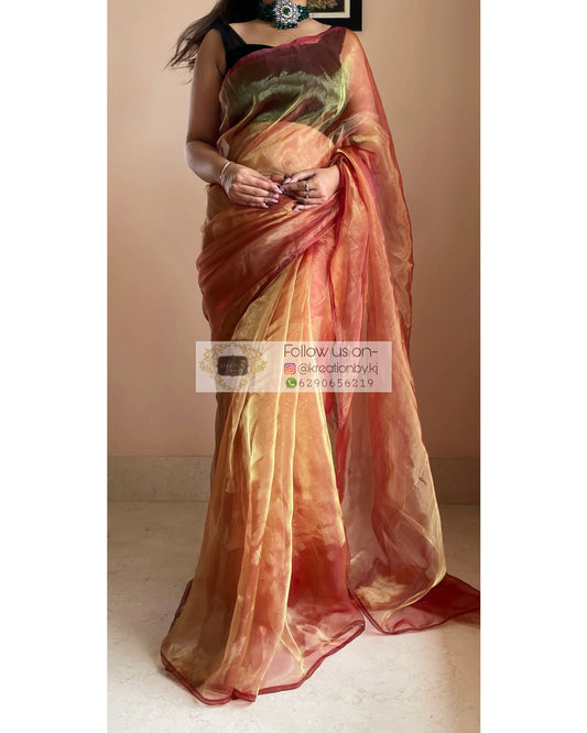 Liquid Gold Glass Tissue Saree - kreationbykj