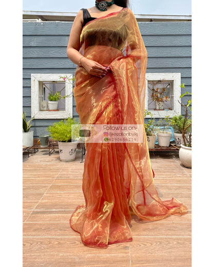 Liquid Gold Glass Tissue Saree - kreationbykj