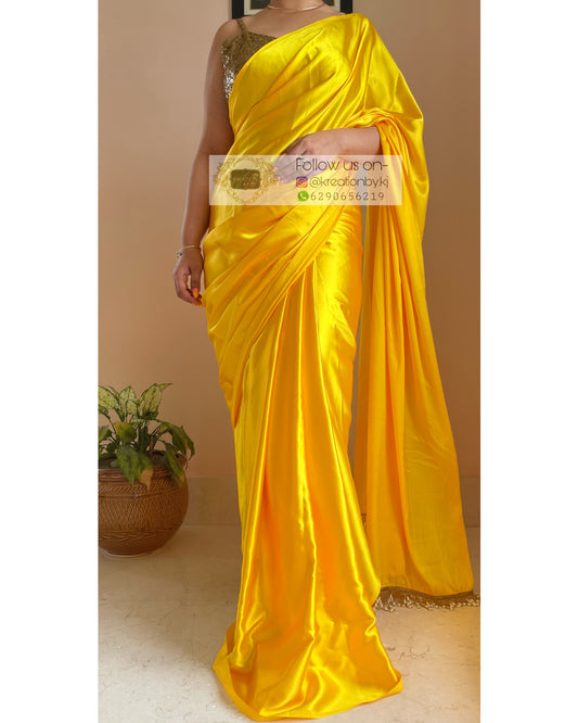 Canary Yellow Satin Silk Saree with Handmade Tassels on Pallu - kreationbykj