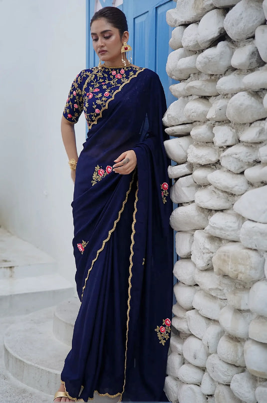Remember the Roses Navy Blue Crepe Silk Saree