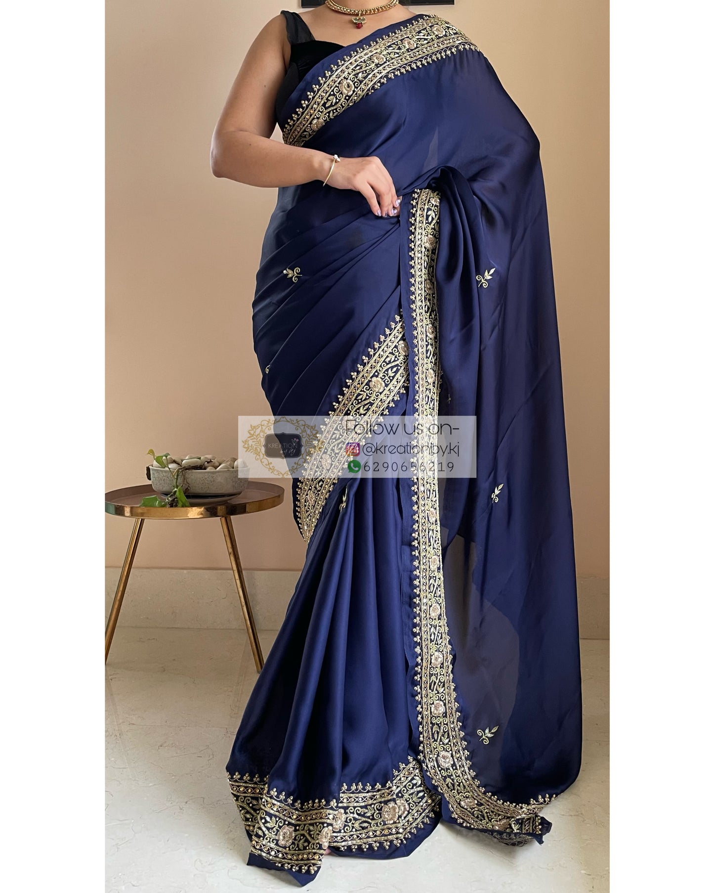 Navy Blue Crepe Silk Zarina Saree - kreationbykj