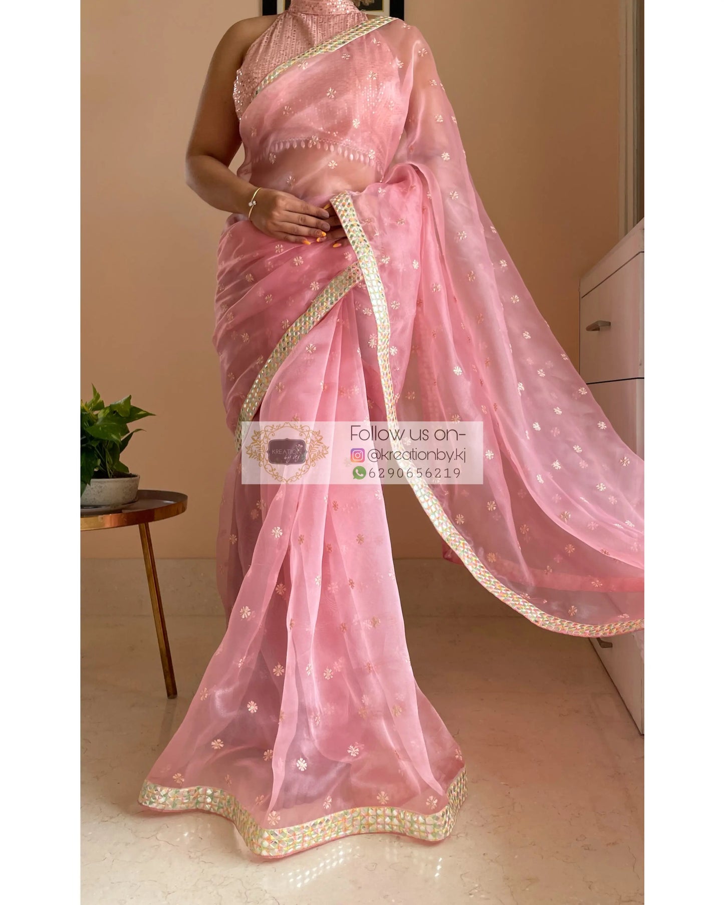 Blush Pink Organza Saree with Border