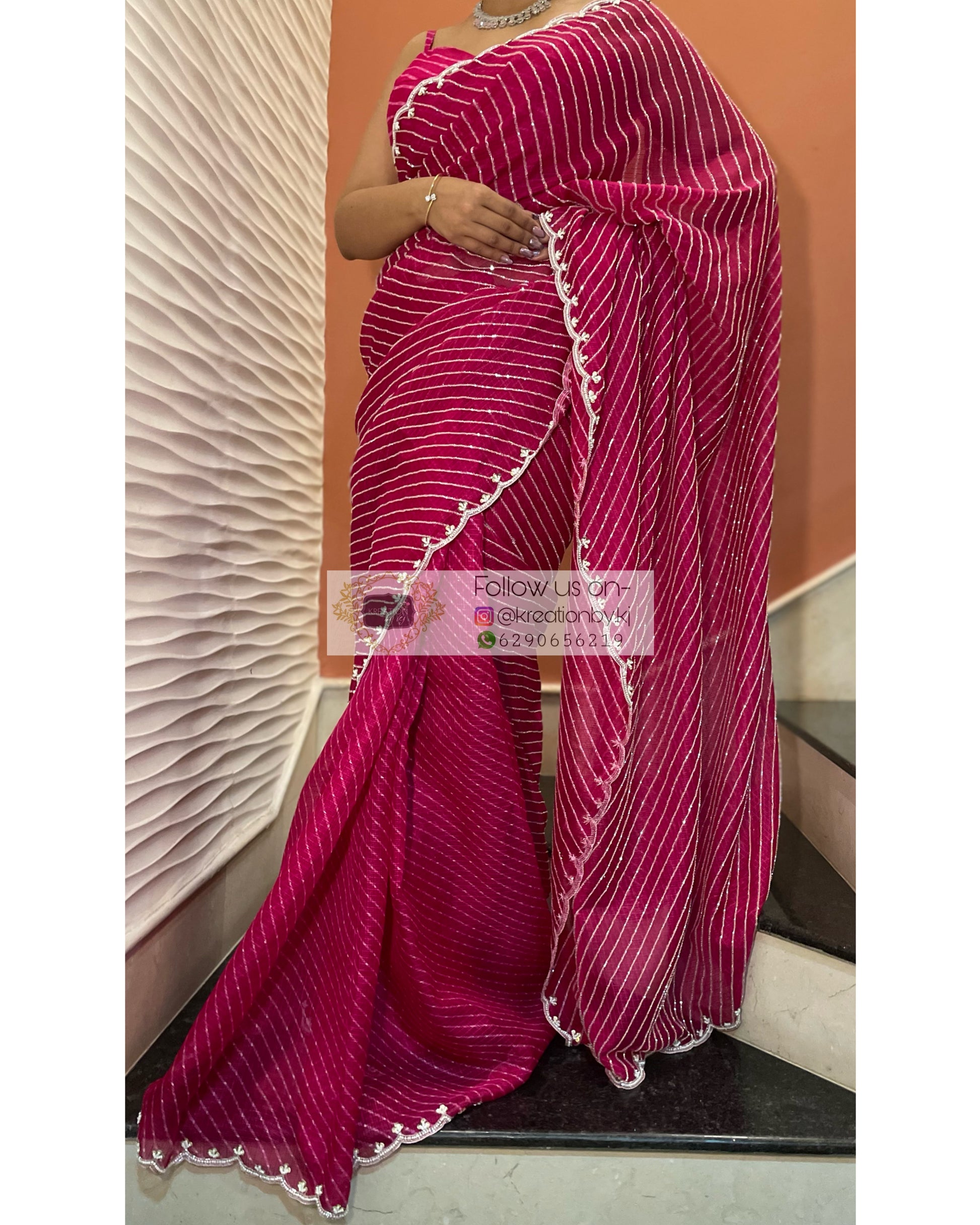 Gulaabi Leher Cutdana Saree - kreationbykj