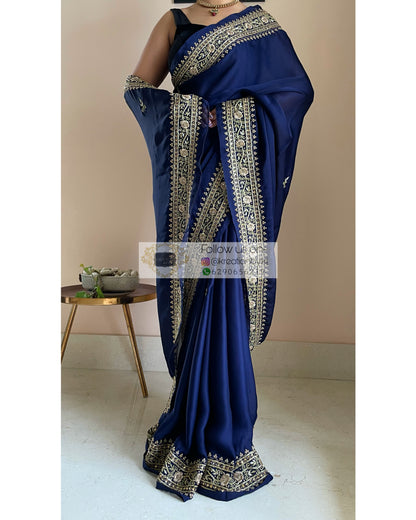 Navy Blue Crepe Silk Zarina Saree - kreationbykj