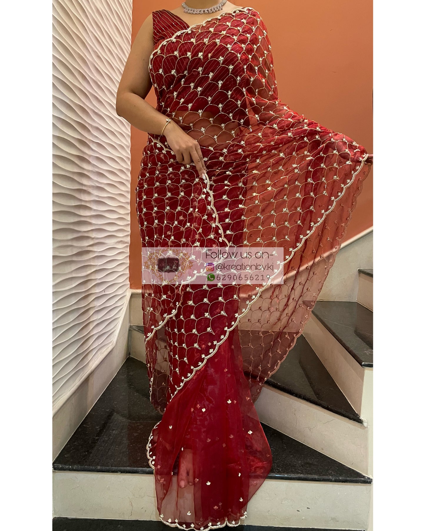 Red Glass Tissue Cutdana Mehraab Saree - kreationbykj