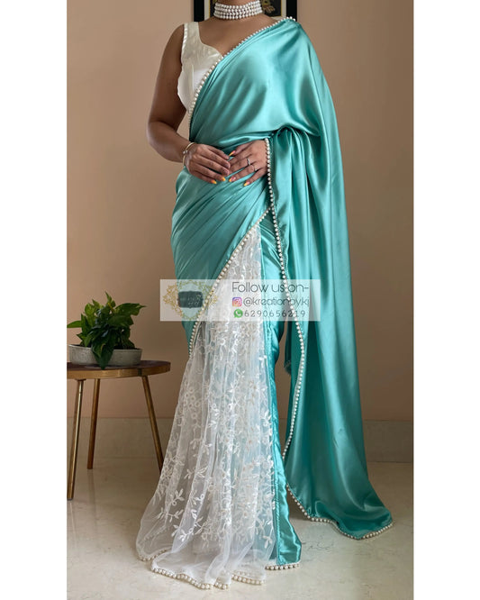 Turquoise Cherry Blossom Saree kreationbykj
