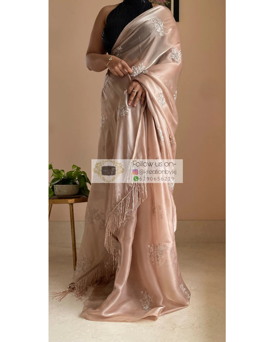 Beige Glass Organza Saree with Embroidery kreationbykj