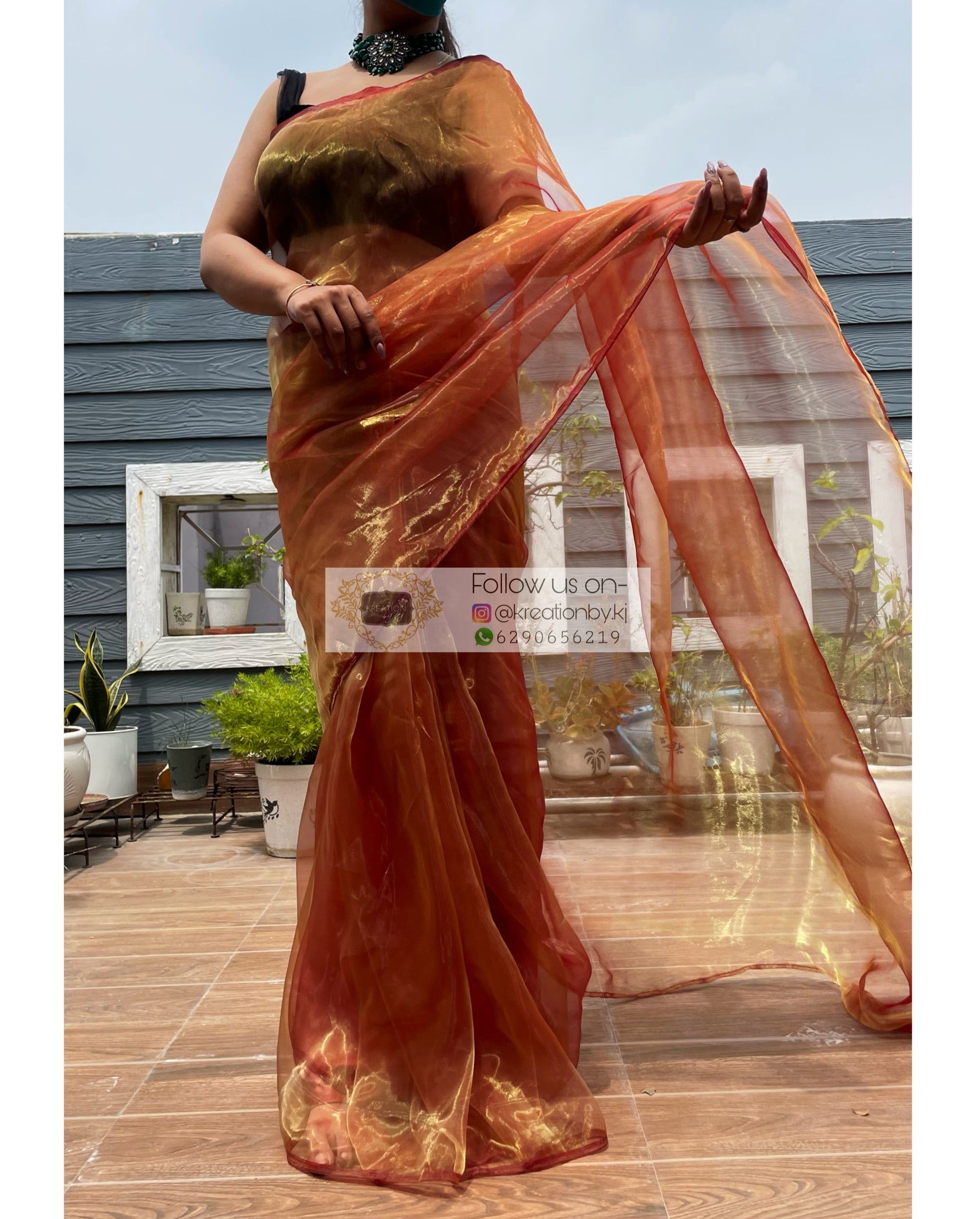 Liquid Gold Glass Tissue Saree - kreationbykj