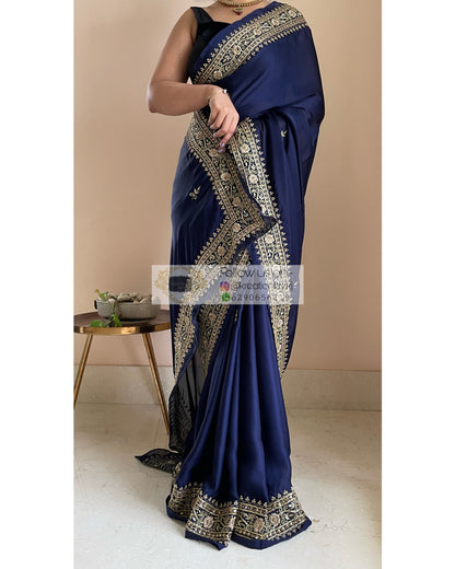 Navy Blue Crepe Silk Zarina Saree - kreationbykj