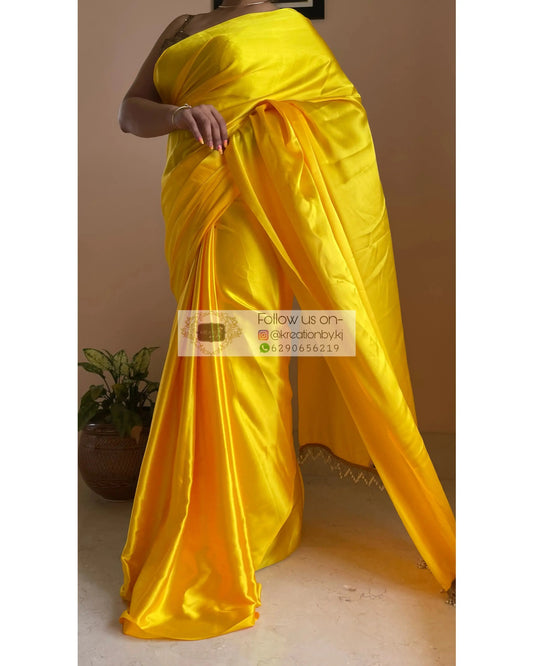 Canary Yellow Satin Silk Saree with Handmade Tassels on Pallu - kreationbykj