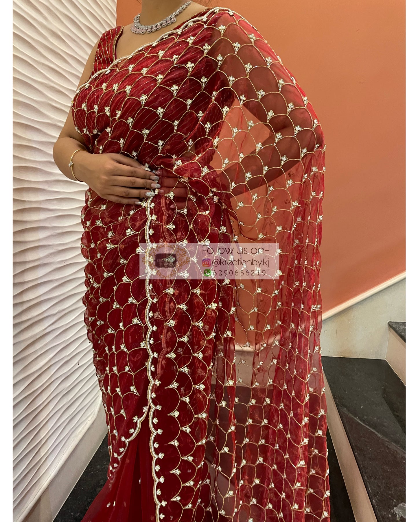 Red Glass Tissue Cutdana Mehraab Saree - kreationbykj